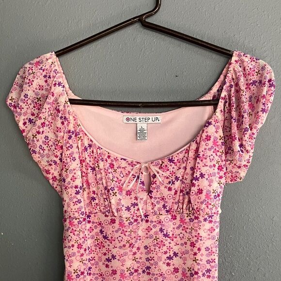 One Step Up babydoll Y2K Pink Floral Blouse Large Juniors medium women’s - Picture 2 of 8